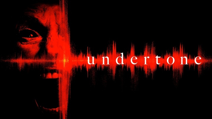 Undertone Movie poster with sound waves in bright red on a black background with a screaming person to the left of the title