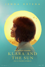 Klara and the Sun movie poster showing Jenna Ortega in profile against a glowing yellow sun on a teal background