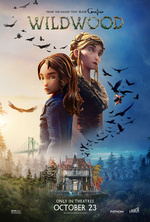 Wildwood movie poster showing two stop-motion girls back to back above a Victorian house, a forest, and a flock of crows